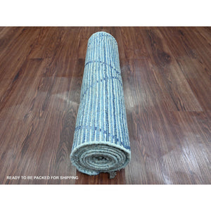 2'5"x10'3" Beau Blue, Moroccan Weave With Geometric Pattern, Textured Pile, Hand Knotted, Soft Wool, Runner, Oriental Rug FWR121746