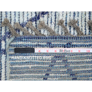 2'5"x10'3" Beau Blue, Moroccan Weave With Geometric Pattern, Textured Pile, Hand Knotted, Soft Wool, Runner, Oriental Rug FWR121746