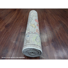 Load image into Gallery viewer, 3&#39;x11&#39;7&quot; Spanish Gray, Hand Knotted, Afghan Angora Oushak With Colorful Leaf Design, Vegetable Dyes, Pure Wool, Runner, Oriental Rug FWR121758