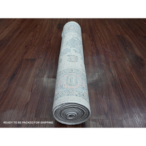 2'8"x11'4" Bone White, Geometric Leaf Design, Afghan Angora Oushak, Hand Knotted, Natural Dyes, 100% Wool, Runner, Oriental Rug FWR121800