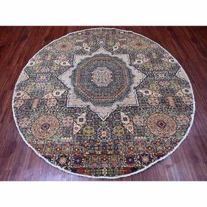 7'8"x7'8" Mocha Brown, 14th Century Mamluk Dynasty Pattern With Star Medallion Design, Hand Knotted, Soft Pile, High Mountain Wool, Vegetable Dyes, Round, Oriental Rug FWR122022