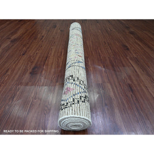 5'5"x9' Pearl White, Moroccan Weave With Colorful Geometric Design, Hand Knotted, Soft Wool, Tone On Tone, Textured Pile, Oriental Rug FWR122082