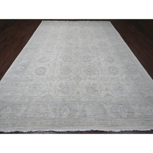 9'10"x13'6" Pearl White, Washed Out Peshawar with All Over Leaf Design, 100% Wool, Hand Knotted, Veggie Dyes, Oriental Rug FWR122178