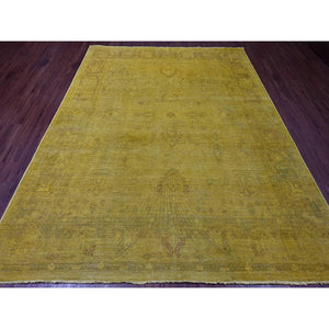 7'7"x9'7" Golden Yellow, Overdyed, Zero Pile, Peshawar With Tribal Design, Hand Knotted, 100% Wool, Distressed, Oriental Rug FWR122214