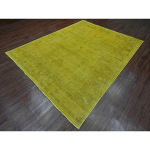 7'7"x9'7" Golden Yellow, Overdyed, Zero Pile, Peshawar With Tribal Design, Hand Knotted, 100% Wool, Distressed, Oriental Rug FWR122214