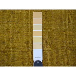 7'7"x9'7" Golden Yellow, Overdyed, Zero Pile, Peshawar With Tribal Design, Hand Knotted, 100% Wool, Distressed, Oriental Rug FWR122214