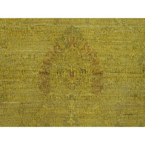 7'7"x9'7" Golden Yellow, Overdyed, Zero Pile, Peshawar With Tribal Design, Hand Knotted, 100% Wool, Distressed, Oriental Rug FWR122214