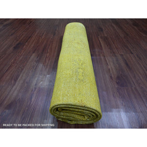 7'7"x9'7" Golden Yellow, Overdyed, Zero Pile, Peshawar With Tribal Design, Hand Knotted, 100% Wool, Distressed, Oriental Rug FWR122214