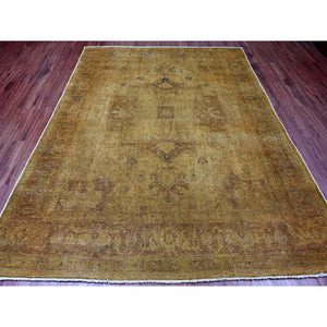 7'7"x9'7" Honey Brown, Overdyed Peshawar with Heriz Design, Hand Knotted, 100% Wool, Distressed, Zero Pile, Oriental Rug FWR122220