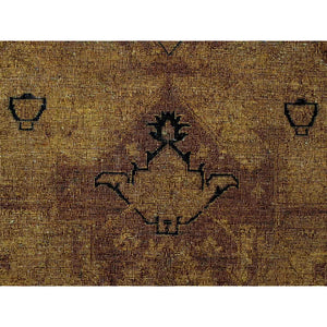 7'7"x9'7" Honey Brown, Overdyed Peshawar with Heriz Design, Hand Knotted, 100% Wool, Distressed, Zero Pile, Oriental Rug FWR122220