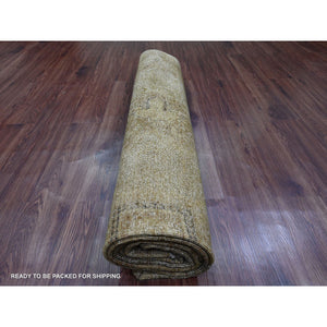 7'7"x9'7" Honey Brown, Overdyed Peshawar with Heriz Design, Hand Knotted, 100% Wool, Distressed, Zero Pile, Oriental Rug FWR122220