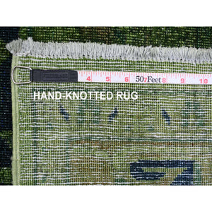 7'9"x9'8" Hunter Green, Overdyed Peshawar With Heriz Design, Hand Knotted, Distressed, Zero Pile, 100% Wool, Oriental Rug FWR122226