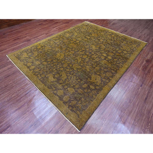 7'8"x10'1" Mocha Brown, Overdyed Persian Design with Hunting Scene, 100% Wool, Hand Knotted, Distressed, Zero Pile, Oriental Rug FWR122232
