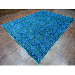 9'4"x12'9" Bayern Blue Overdyed With Touches Of Navy, Peshawar With Heriz All Over Design, Distressed, Zero Pile, Hand Knotted, 100% Wool, Oriental Rug FWR122238