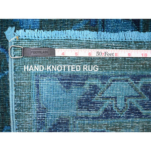 9'4"x12'9" Bayern Blue Overdyed With Touches Of Navy, Peshawar With Heriz All Over Design, Distressed, Zero Pile, Hand Knotted, 100% Wool, Oriental Rug FWR122238