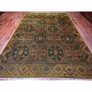 8'10"x12'2" Coffee Brown, Overdyed Afghan Ersari With Garden Block Design, Zero Pile, Vegetable Dyes, Distressed, Hand Knotted, 100% Wool, Oriental Rug FWR122244