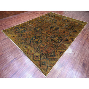 8'10"x12'2" Coffee Brown, Overdyed Afghan Ersari with Garden Block Design, Zero Pile, Vegetable Dyes, Distressed, Hand Knotted, 100% Wool, Oriental Rug FWR122244