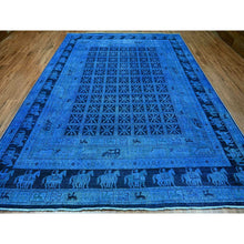 Load image into Gallery viewer, 9&#39;x12&#39; Imperial Blue, Overdyed Peshawar with Pazyryk Design, Zero Pile, Distressed, Pure Wool, Hand Knotted, Oriental Rug FWR122250