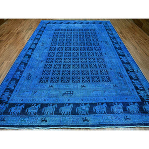 9'x12' Imperial Blue, Overdyed Peshawar with Pazyryk Design, Zero Pile, Distressed, Pure Wool, Hand Knotted, Oriental Rug FWR122250