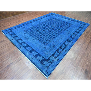 9'x12' Imperial Blue, Overdyed Peshawar with Pazyryk Design, Zero Pile, Distressed, Pure Wool, Hand Knotted, Oriental Rug FWR122250