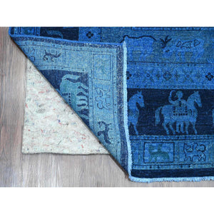 9'x12' Imperial Blue, Overdyed Peshawar with Pazyryk Design, Zero Pile, Distressed, Pure Wool, Hand Knotted, Oriental Rug FWR122250