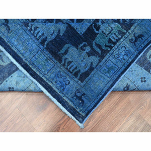 9'x12' Imperial Blue, Overdyed Peshawar with Pazyryk Design, Zero Pile, Distressed, Pure Wool, Hand Knotted, Oriental Rug FWR122250