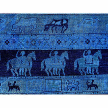 Load image into Gallery viewer, 9&#39;x12&#39; Imperial Blue, Overdyed Peshawar with Pazyryk Design, Zero Pile, Distressed, Pure Wool, Hand Knotted, Oriental Rug FWR122250