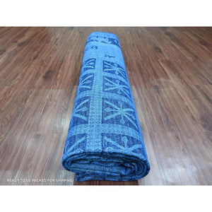 9'x12' Imperial Blue, Overdyed Peshawar with Pazyryk Design, Zero Pile, Distressed, Pure Wool, Hand Knotted, Oriental Rug FWR122250