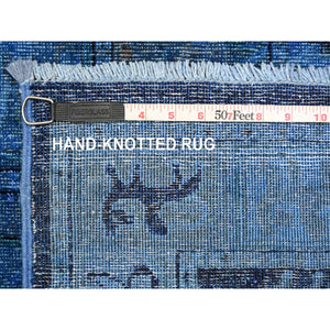 9'x12' Imperial Blue, Overdyed Peshawar with Pazyryk Design, Zero Pile, Distressed, Pure Wool, Hand Knotted, Oriental Rug FWR122250