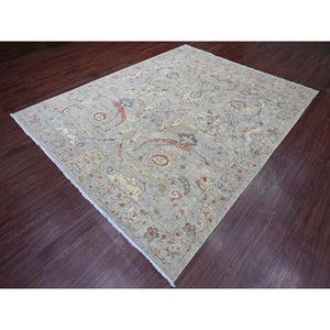 7'10"x10' Cloud Gray, Peshawar with Sickle Leaf Design, Hand Knotted, High Mountain Wool, Vegetable Dyes, Densely Woven, Oriental Rug FWR122280