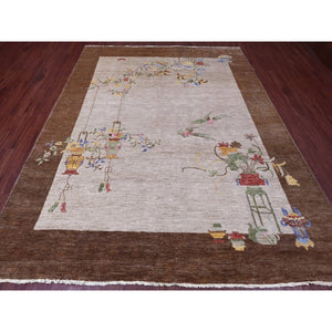 7'10"x10'1" Alabaster White, Chinese Art Deco Inspired Peshawar, Hand Knotted, Vegetable Dyes, 100% Wool, Oriental Rug FWR122370