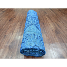 Load image into Gallery viewer, 8&#39;x9&#39;6&quot; Bayern Blue, Zero Pile, Peshawar With Mamluk Design, Distressed, 100% Wool, Hand Knotted, Oriental Rug FWR122376