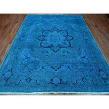 Load image into Gallery viewer, 8&#39;x9&#39;7&quot; Carolina Blue, Overdyed Peshawar with Heriz Design, Distressed, Zero Pile, Hand Knotted, 100% Wool, Oriental Rug FWR122388