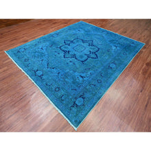 Load image into Gallery viewer, 8&#39;x9&#39;7&quot; Carolina Blue, Overdyed Peshawar with Heriz Design, Distressed, Zero Pile, Hand Knotted, 100% Wool, Oriental Rug FWR122388