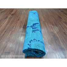 Load image into Gallery viewer, 8&#39;x9&#39;7&quot; Carolina Blue, Overdyed Peshawar with Heriz Design, Distressed, Zero Pile, Hand Knotted, 100% Wool, Oriental Rug FWR122388
