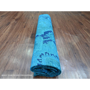 8'x9'7" Carolina Blue, Overdyed Peshawar with Heriz Design, Distressed, Zero Pile, Hand Knotted, 100% Wool, Oriental Rug FWR122388