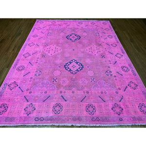 8'x9'7" Hot Pink, Overdyed Kazak With Geometric Design, Hand Knotted, 100% Wool, Oriental Rug FWR122406