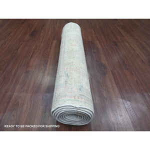 3'x11'8" Bone White, Afghan Angora Oushak With Floral Pattern, Hand Knotted, Veggie Dyes, Pure Wool, Runner, Oriental Rug FWR122436