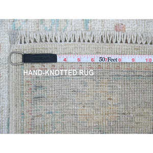 3'x11'8" Bone White, Afghan Angora Oushak With Floral Pattern, Hand Knotted, Veggie Dyes, Pure Wool, Runner, Oriental Rug FWR122436