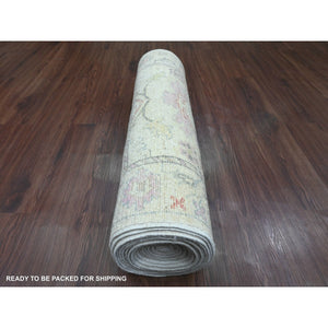 3'1"x22'4" Chiffon White, Afghan Angora Oushak with Muted Colors Leaf Design, Hand Knotted, Vegetable Dyes, 100% Wool, XL Runner, Oriental Rug FWR122448