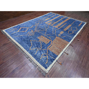 9'x12'5" Cobalt Blue, Moroccan Weave, Arts and Crafts Design with Tassels, Tone on Tone, Hand Knotted, Soft Wool, Textured Pile, Oriental Rug FWR122508
