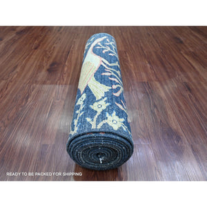 2'8"x16' Denim Blue, Afghan Peshawar with Birds of Paradise Design, Vegetable Dyes, Hand Knotted, Soft and Shiny Wool, Runner, Oriental Rug FWR122550
