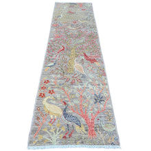 Load image into Gallery viewer, 2&#39;7&quot;x9&#39;9&quot; Cloud Gray, Afghan Peshawar with Birds of Paradise Design, Pure Wool, Hand Knotted, Veggie Dyes, Runner, Oriental Rug FWR122556
