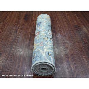2'x6'4" Ruddy Blue, Afghan Peshawar with Birds of Paradise Design, Hand Knotted, Natural Dyes, 100% Wool, Narrow Runner, Oriental Rug FWR122592