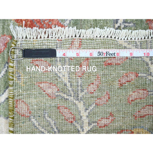 2'7"x15'1" Pickle Green, Soft Wool, Afghan Peshawar with Birds of Paradise Design, Hand Knotted, Natural Dyes, XL Runner, Oriental Rug FWR122598
