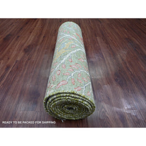 2'7"x15'2" Pickle Green, Afghan Peshawar with Birds of Paradise Design, Hand Knotted, Soft Wool, Vegetable Dyes, XL Runner, Oriental Rug FWR122616