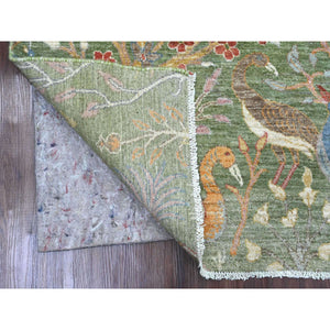 5'2"x7'1" Cadmium Green, Hand Knotted, Afghan Peshawar with Birds of Paradise Design, Soft and Velvety Wool, Vegetable Dyes, Oriental Rug FWR122628