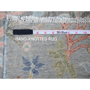 5'1"x12'3" Fern Green, Moroccan Weave with Line Design, Tone on Tone, Soft Wool, Hand Knotted, Textured Pile, Wide Runner, Oriental Rug FWR123288