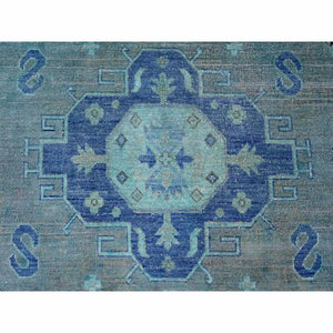 7'9"x9'6" Sapphire Blue, Overdyed Kazak with Tribal Medallion Design, Hand Knotted, 100% Wool, Oriental Rug FWR122694