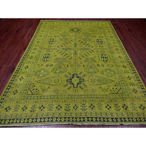 7'9"x9'8" Lime Green, Overdyed Kazak With All Over Geometric Pattern, Hand Knotted, 100% Wool, Oriental Rug FWR122700